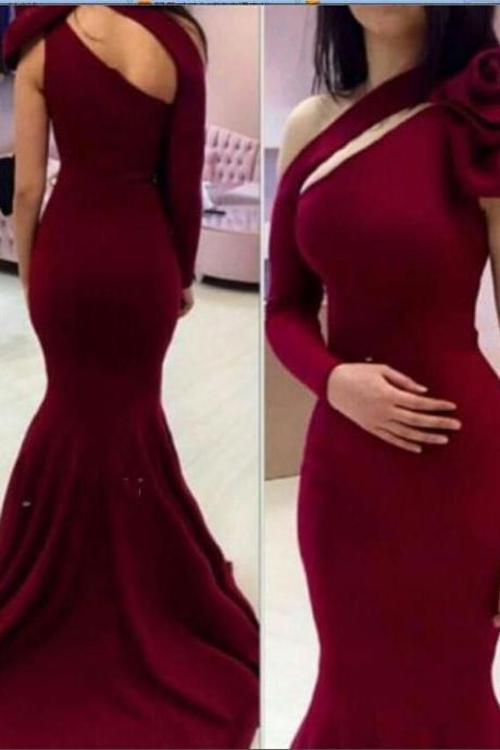 Burdundy Mermaid Evening Dresses 2016 One Shoulder Evening Dress Design Vestido Celebrity Evening Prom Gowns Formal Party Gown Sweep Train