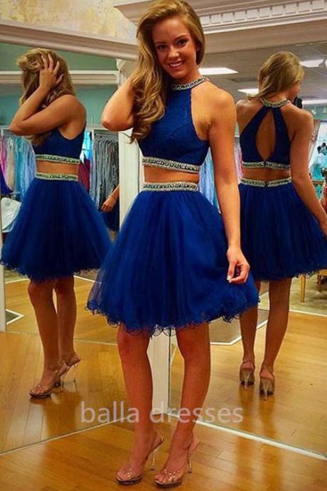 Two Pieces Graduation Dresses Royal Blue Prom Cocktail Gown Formal Homecoming Gowns Vestidos Party Piping Beaded Collar Sexy Back Crystal