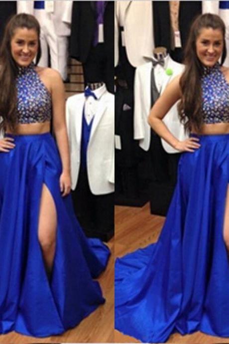 Luxury Crystals Rhinestones High Neck Royal Blue Prom Dresses Two Piece Side Splits A Line Satin Backless Long Evening Dress Formal Pageant