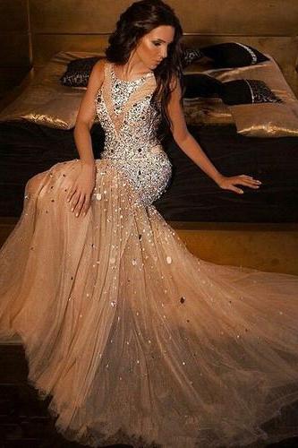 Evening Dresses Jewel Collar Sparkly Beaded Sequins Mermaid Cheap Long New Beading Sweep Train Sexy Prom Dress Gowns Cheap Custom