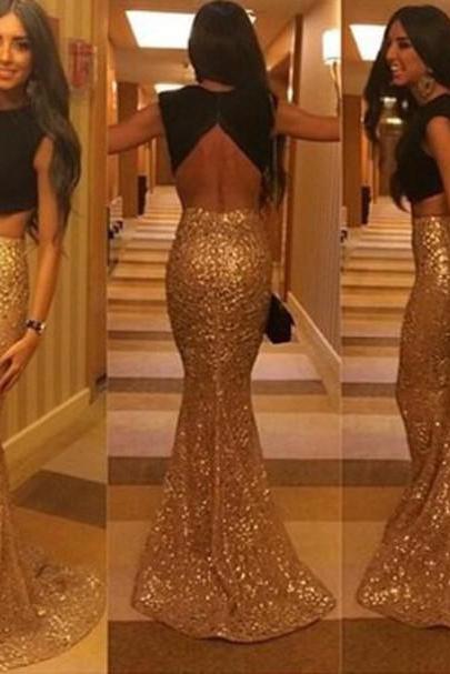 Evening Dresses Two Pieces Dresses Sequins Mermaid Open Back Sexy Jewel Collar Sweep Train Prom Dress Gowns Custom