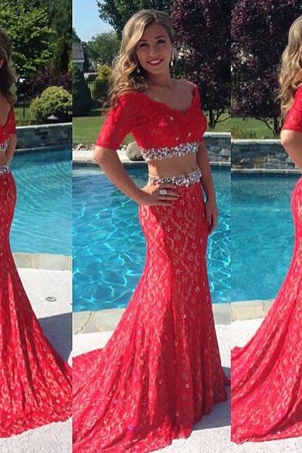 Two Pieces Dresses 2016 Evening Dresses Beaded Crystal Open Back Short Sleeve Vestido Celebrity Evening Prom Gowns Formal Party Gown