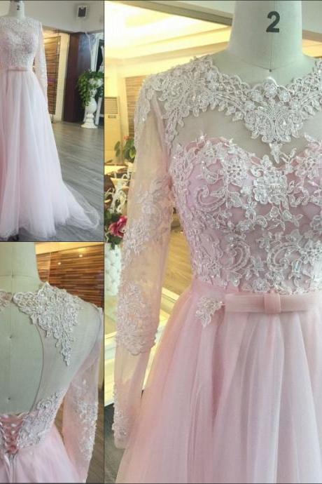 Pink A-line Wedding Dresses Beaded Jewel Collar Court Train Sequins 3d-floral Appliques Long Sleeves Wedding Dress Bridal Gown Vestido