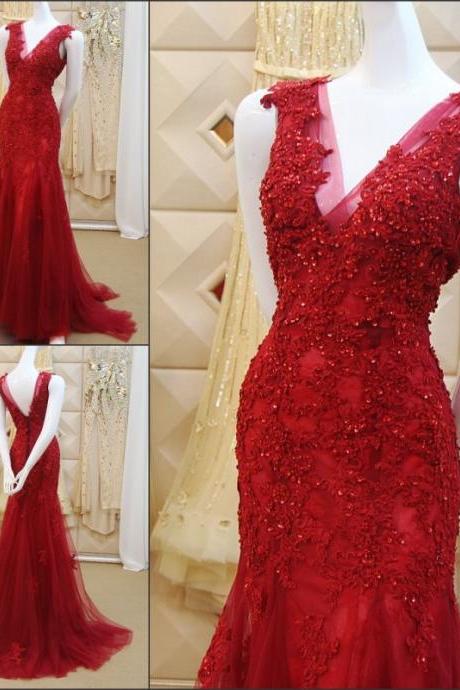 3d-floral Appliques Chinese Red Mermaid Wedding Dresses Beading 2016 V-neck Sweep Train Backless Beaded Sequins Tulle Vestidos Bridal Gowns