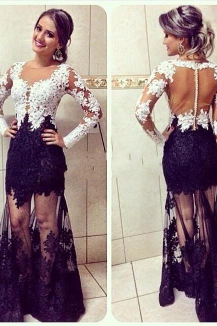 Myriam Fares Evening Dresses Long Sleeve Sheer Neck Appliques Floor-length Dress Evening Wear Prom Pageant Formal Party Dress Gown