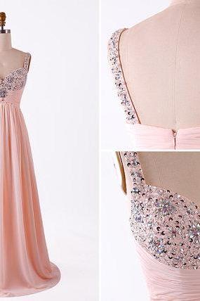 Fashion Blush Pink Empire Summer Prom Dresses 2016 Long Chiffon Crystals Beaded Pleated Evening Dress Formal Gowns Prom Dress Custom Floor
