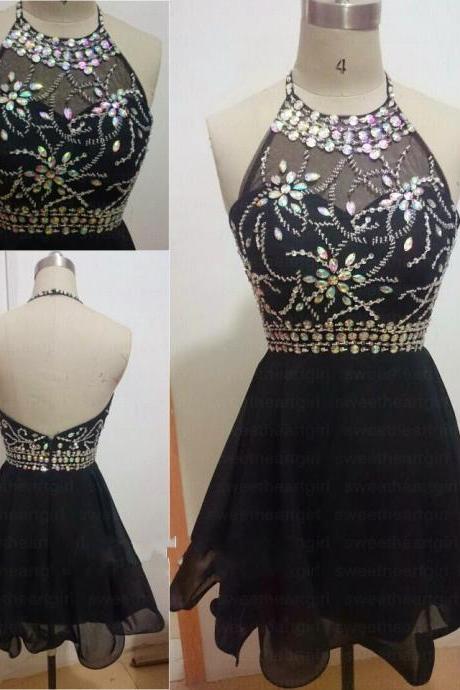 Sexy Black Sheer Neck Homecoming Dresses 2016 Short Chiffon A Line Backless Prom Party Dress Gowns Mini Cocktail Dress With Crystal Beaded