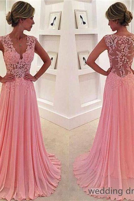 Blush Pink A Line Chiffon Prom Dresses Lace Appliques Plunging V Neck Sexy Evening Gown Sheer Cap Sleeves Girls' Party Dress