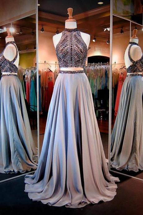A-line Prom Dresses Women&amp;amp;#039;s Halter Crystals Sequins Beaded Open Back Two Pieces Long Prom Dress Party Dresses