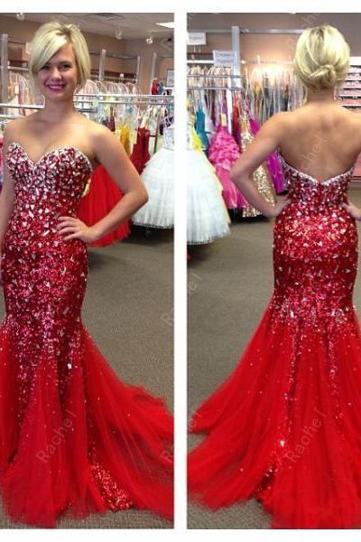 Red Sequins And Tulle Mermaid Long Beaded Prom Dress,Sweetheart Evening Party Dress,Formal Evening Formal Dress