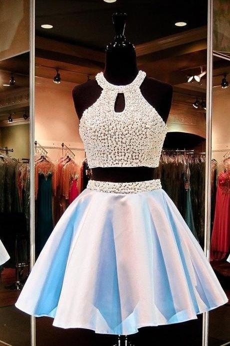 Prom Gowns And Party Drresses Of Women's High Halter Beaded With Pearls Keyhole Back Two Piece Homecoming Dress