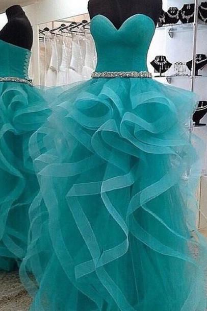 Teal Tulle Sweetheart Ball Gown Prom Dress With Ruffled Skit