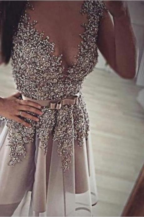 Homecoming Dress,Short Prom Gown,Grey Homecoming Gowns,Backless Party Dress,Sequined Prom Dresses,2017 Homecoming Dress For Teens