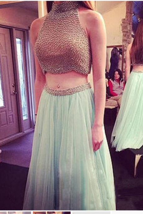 2 Piece Prom Gown,Two Piece Prom Dresses,Mint Evening Gowns,2 Pieces Party Dresses,Chiffon Evening Gowns,Backless Formal Dress,Sparkly Evening Gowns For Teens