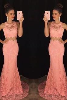 Pink Prom Dresses,Pink Evening Gowns,Simple Formal Dresses,2 pieces Prom Dresses,Teens Fashion Evening Gown,Beadings Evening Dress,Pink Party Dress,Prom Gowns