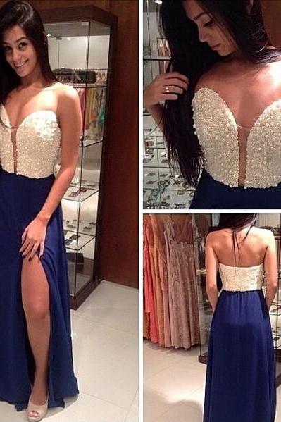 Navy Blue Prom Dresses,beaded Evening Gowns,sexy Formal Dresses,sparkle Prom Dresses,split Evening Gown,slit Evening Dress,sparkle Prom Gowns