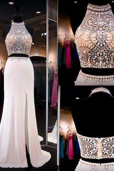 Prom Dresses,Beading Prom Dress,White Prom Gown,2 Pieces Prom Gowns,Elegant Evening Dress,Modest Evening Gowns,2 Piece Party Gowns,Prom Dress