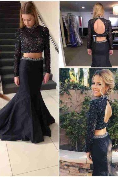 Sexy Prom Dresses,2 Pieces Prom Dress,backless Evening Gown,long Formal Dress,backless Prom Gowns,open Backs Evening Dresses,black Party Gowns