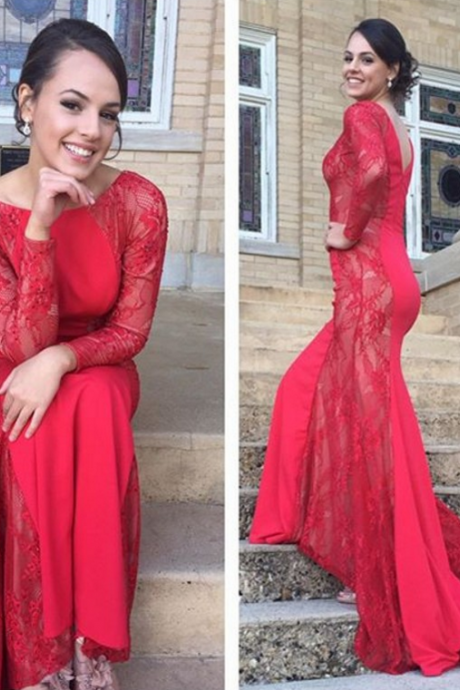 Red Prom Dresses,lace Prom Dress,sexy Prom Dress,long Sleeves Prom Dresses,charming Formal Gown,backless Evening Gowns,open Back Party Dress,sexy