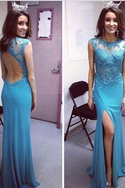 Blue Prom Dresses,backless Evening Gowns,sexy Formal Dresses,beaded Prom Dresses,2017 Fashion Evening Gown,open Backs Evening Dress