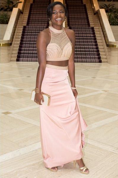 2 Piece Prom Gown,two Piece Prom Dresses,evening Gowns,2 Pieces Party Dresses,sexy Evening Gowns,sparkle Pearl Pink Formal Dress For Teens
