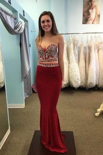 2 Piece Prom Gown,Two Piece Prom Dresses,Wine Red Evening Gowns,2 Pieces Party Dresses,Sexy Evening Gowns,Sparkle Burgundy Formal Dress For Teens