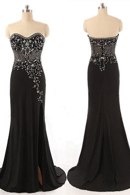 Black Prom Dresses,Elegant Evening Dresses,Long Formal Gowns,Beaded Party Dresses,Chiffon Pageant Formal Dress