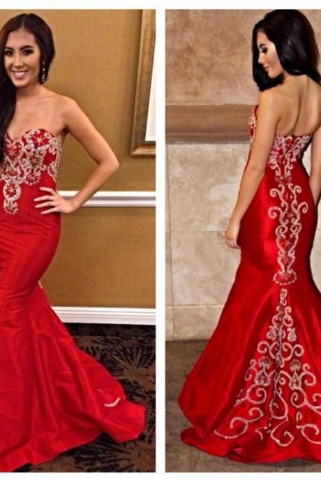 Red Prom Dresses,mermaid Prom Dress,satin Prom Dress,strapless Prom Dresses,2016 Formal Gown,corset Evening Gowns,red Party Dress,mermaid Prom