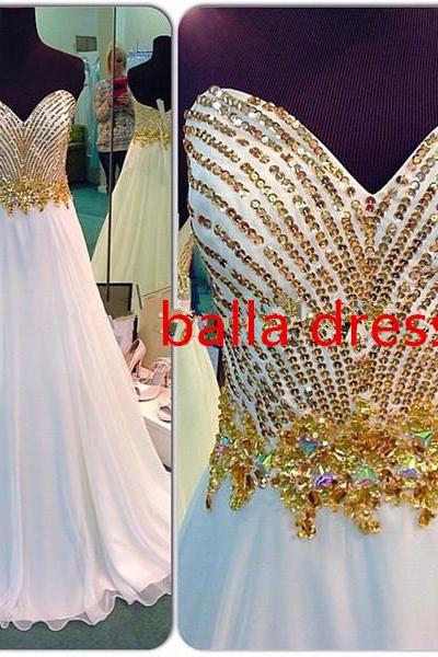 Prom Dresses,gold Sequins Beaded Prom Dress,long Elegant Prom Gowns,white Prom Dress