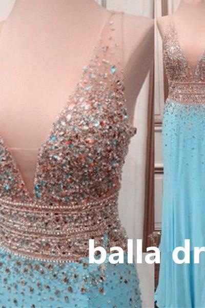 Prom Dress,Bling Prom Dress, Deep V Prom Dress,Leg Open Evening Dress,Formal Prom Dress, Blue Beaded Prom Dresses, Gorgeous prom Dress