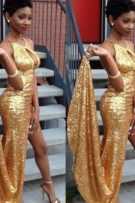Prom Dress,sexy Gold Sequin Prom Dresses,2016 Halter High Slit Long Prom Dress,pageant Dress,gown For Party