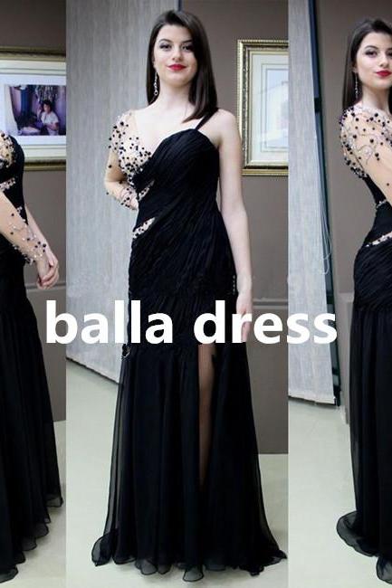 Prom Dress, Long Sleeve Prom Dress, Evening Dress ,one Shoulder Prom Dress With Beads