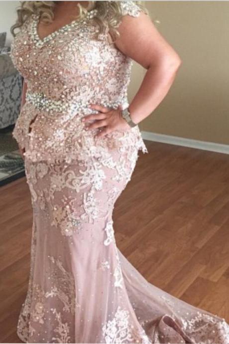 Plus Size Mermaid Prom Dresses,custom Prom Dresses,beading Sequins Prom Gown,lace Prom Gown,cap-sleeve Prom Dresses