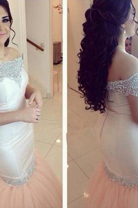 2017 Mermaid A Word Shoulder Prom Dresses,beading Prom Dress,white Prom Gown Prom Gowns,elegant Evening Dress,modest Evening Gowns Party