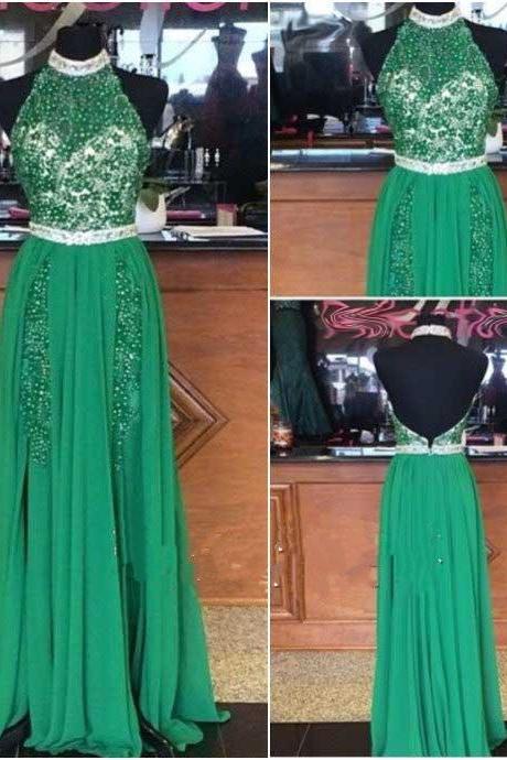 Prom Dress,halter Prom Dress,beaded Prom Dresses, Backless Prom Dress, Green Prom Dress