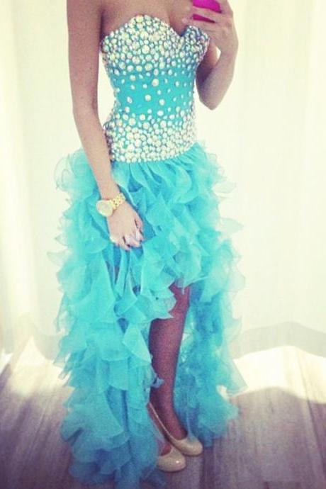 Prom Dress,off The Shoulder Ice Blue Sweetheart Prom Dress,high Low Crystals Prom Dress,pageant Party Gowns