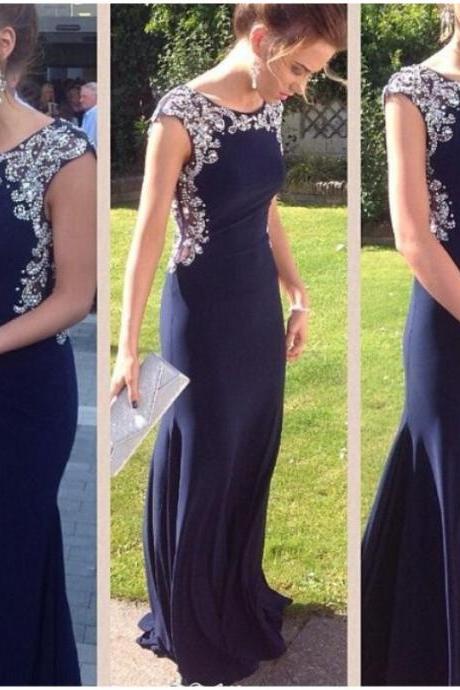 Prom Dress, Elegant Navy-blue Prom-dresses,long Mermaid Prom Dress With Beads,formal Party Dresses