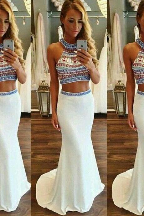 2017 Mermaid Prom Dresses,beading Prom Dress,white Prom Gown,2 Pieces Prom Gowns,elegant Evening Dress,modest Evening Gowns,2 Piece Party