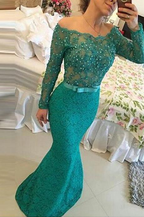2017 Mermaid Prom Dress,off The Shoulder Green Long Prom Dress Long Sleeve Crystals Prom Dress,pageant Party Gowns