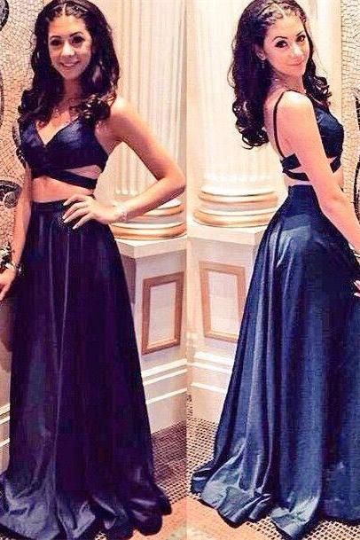 Sexy Spaghetti Straps V Neck 2 Piece Prom Dress, Long Satin Prom Dress 2016 ,Evening Dress for Women ,Cocktail Dress ,Party Dress ,Evening Gowns,Pageant Dress for Women ,Homecoming Dress ,Prom Dress Plus Size