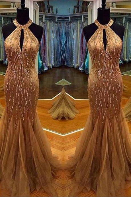 Charming Prom Dress,Halter Prom Dress,Beading Prom Dress,Tulle Prom Dress,Mermaid Evening Dress