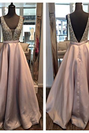 Charming Prom Dress,v-neck Prom Dress,beading Prom Dress,satin Prom Dress,a-line Evening Dress