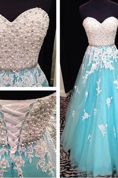 Blue Prom Dress, Sweet Heart Prom Dress, Lace Up Prom Dress, Lace Dress, Evening Dress, Rhinestone Prom Dress