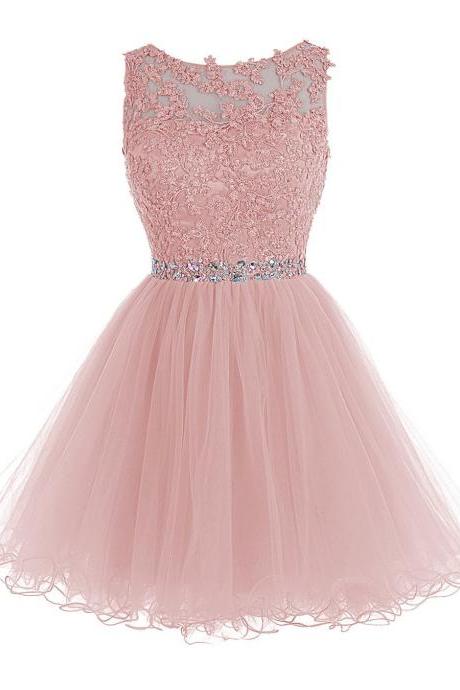 Pearl Pink Short Prom Dress, Lace Beaded Prom Dress, Tulle Applique Evening Dress, Party Dress Dance, Homecoming Dress, Beauty Graduation Dress
