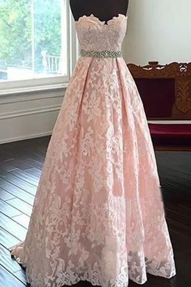 Pretty Sweetheart Neck Lace Light Pink Long Prom Dresses, Evening Dresses,formal Dress, Lace Prom Dresses