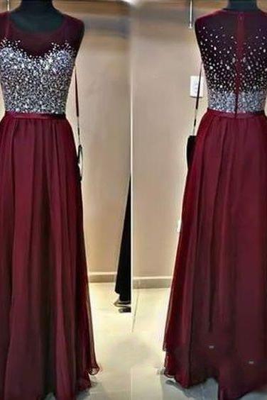 2017 Cute Sequins Top Burgundy Chiffon Long Prom Dress, Modest Prom Dress for Teens