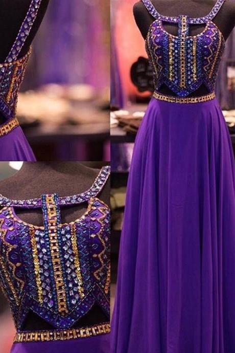 2017 Design Purple Beaded Prom Dresses,open Back Prom Dress,charming Evening Dresses,evening Gowns,elegant Party Dresses