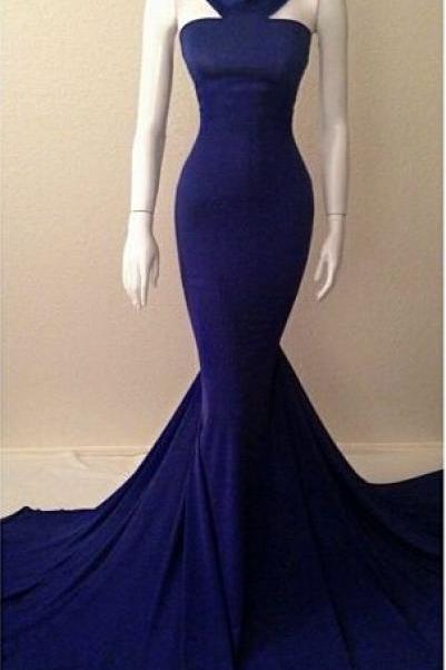 Navy Blue Halter Neck Mermaid Evening Gowns, Sexy Simple Long Prom Dresses, Long Prom Dresses, Formal Dresses, Evening Dresses