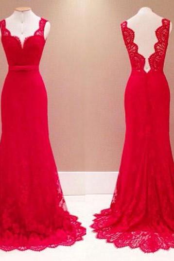 Elegant Mermaid Prom Dress, V-ncek Prom Dress, Long Prom Dress, Red Prom Dress, Backless Prom Dress, Lace Evening Dress