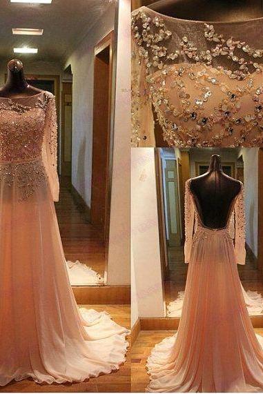 Pretty Light Pink Long Sleeve Prom Dress Handmade Beaded ,ackless Long Prom Dresses 2016, Prom Gowns, Formal Dresses, Pink Prom Dresses